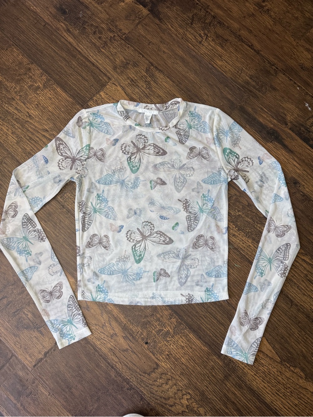 Full Tilt Sheer Butterfly Mesh Top in Cream, Blue, Green, Gray